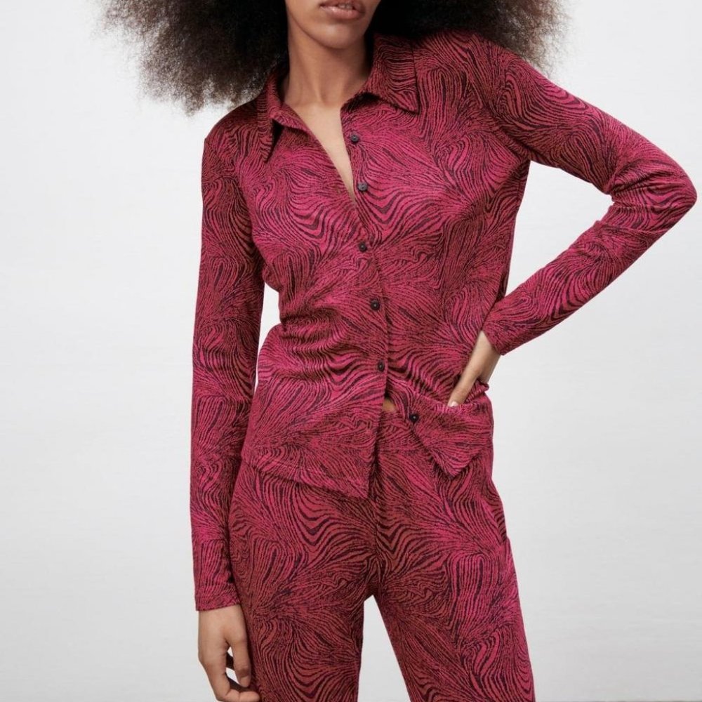 Zara FLARED JACQUARD Fuschia Co-Ord Set NWT Size Large